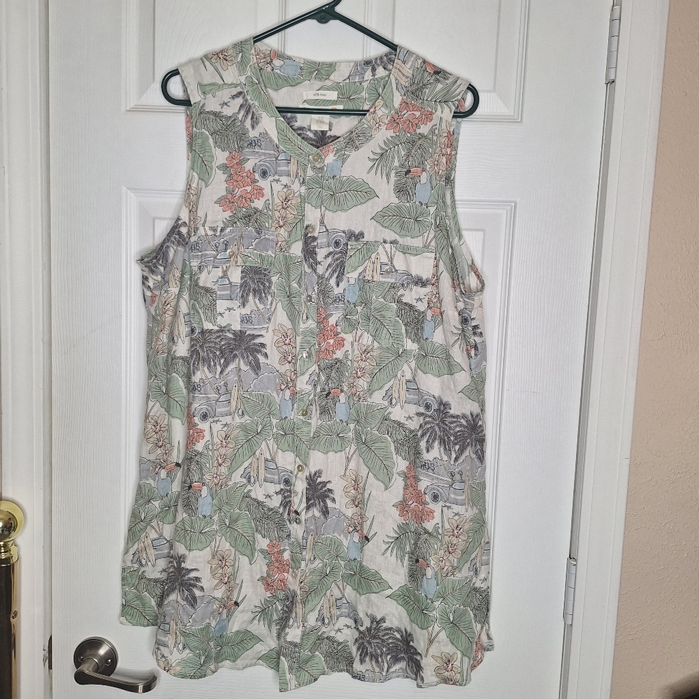 C&C California top beige green tropical leaves button sleeveless linen Size 2X